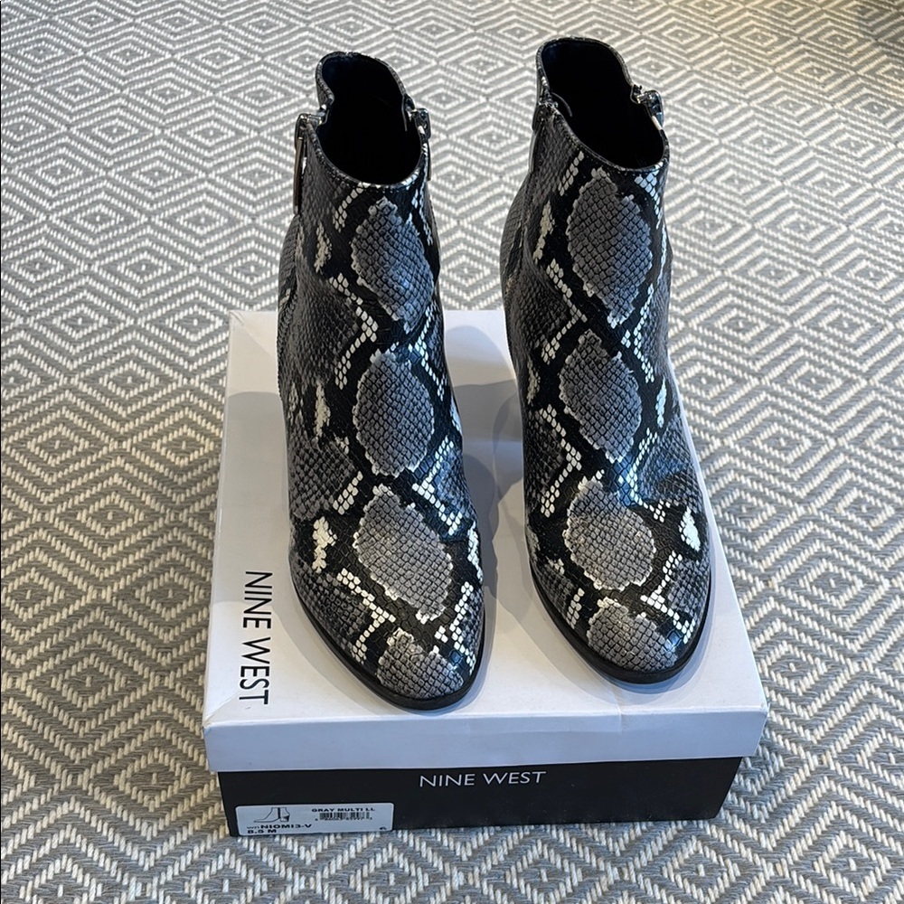 Nine West Black and Gray Snake-Print Ankle Booties